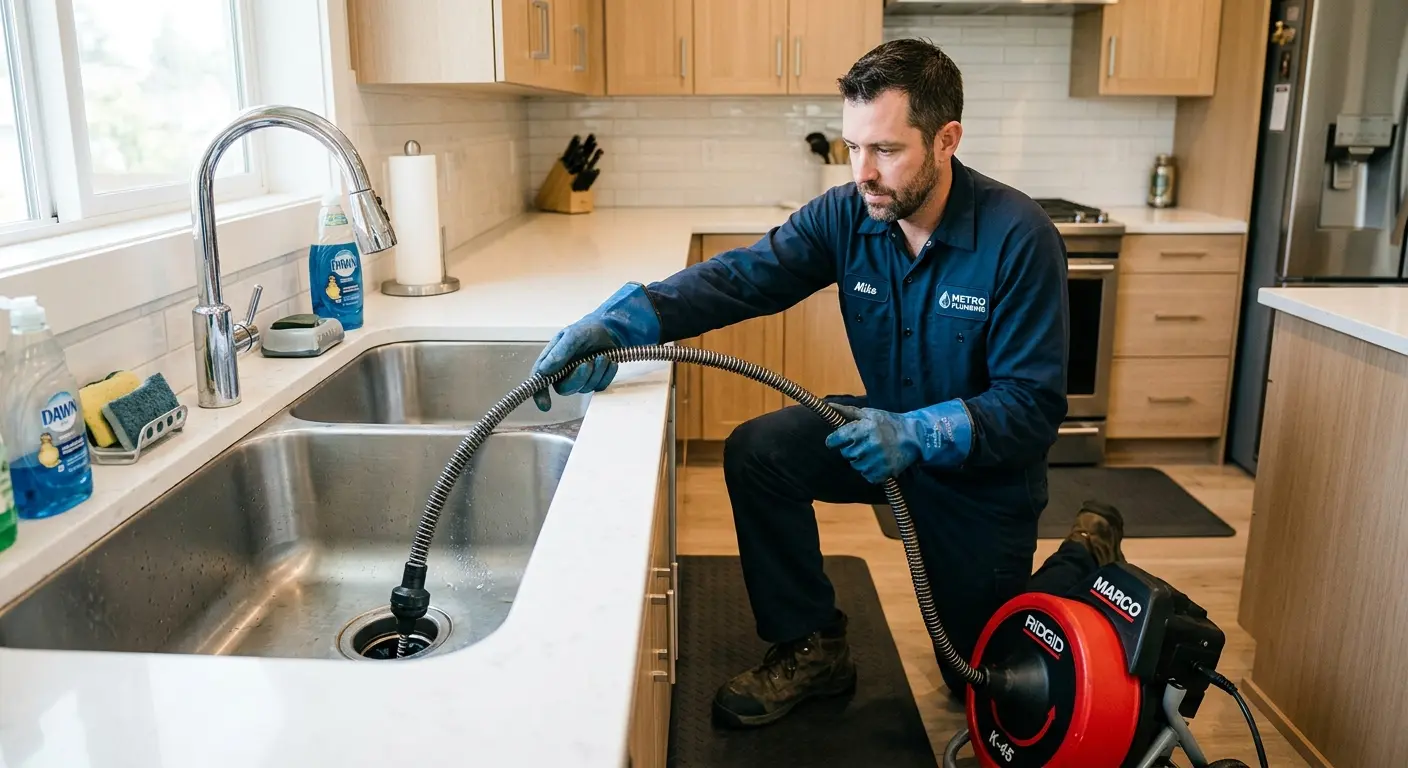 Drain cleaning technician using a motorized snake on a kitchen sink in Camp Swift