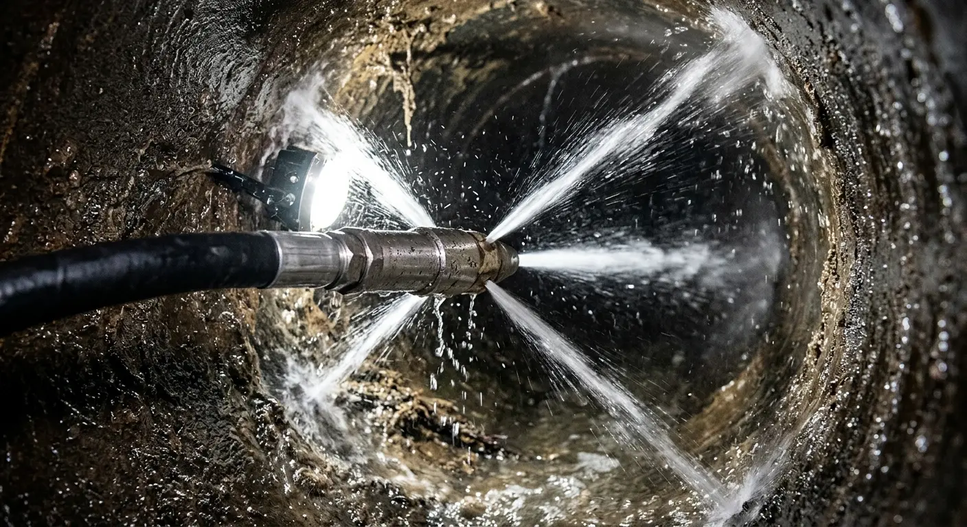 High-pressure hydro jetting nozzle cleaning sewer pipe for Storm Drain Cleaning in Camp Swift