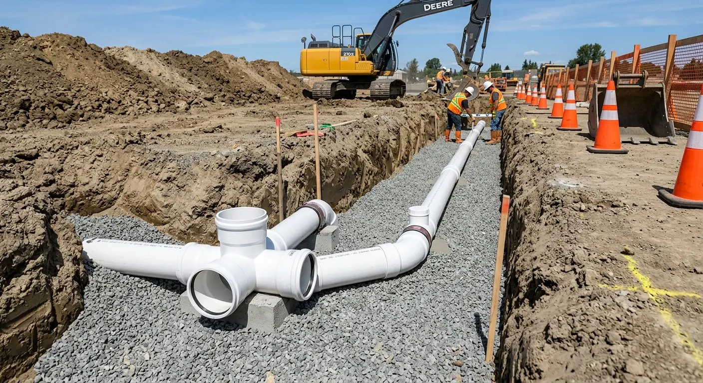 New PVC sewer pipe installation in open trench for Commercial Drain Cleaning in Camp Swift