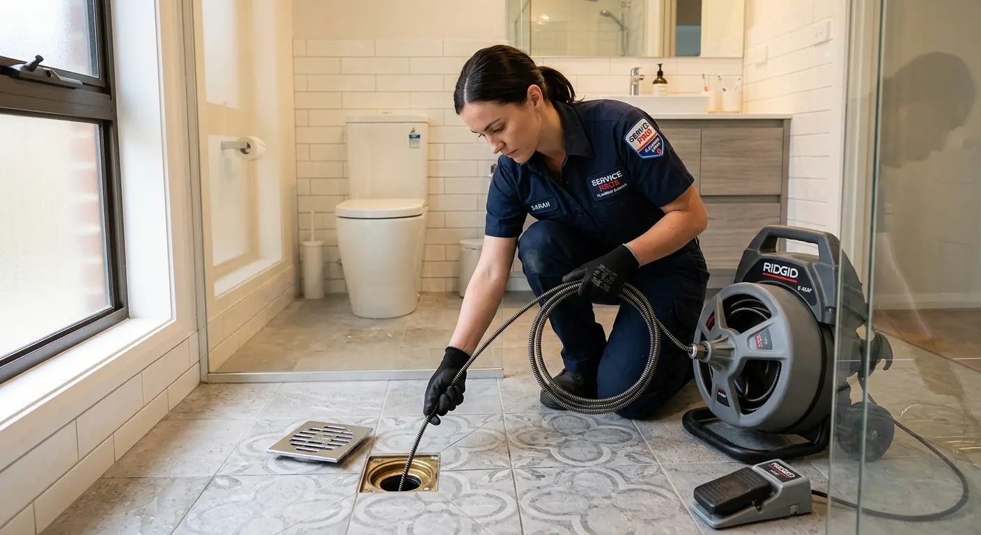 Technician clearing a bathroom floor drain for Clogged Drain Repair in Camp Swift